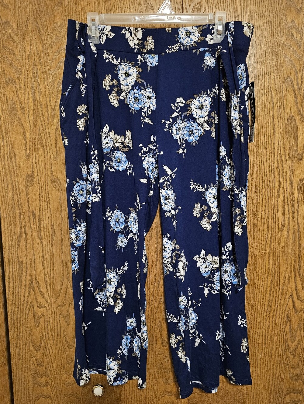Floral Navy Wide-Leg Trousers with Blue Blooms